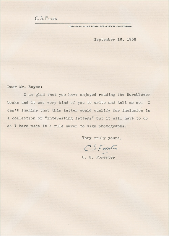 Lot 566 C. S. Forester: ?Glad that you have enjoyed reading the Hornblower books?
