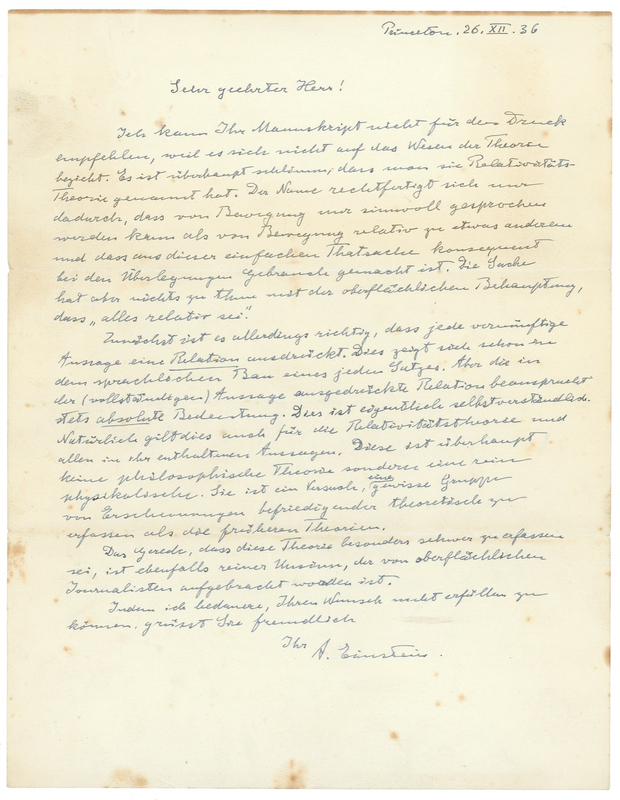Lot 199 Albert Einstein: Using laymen?s terms, Einstein disproves a philosophical interpretation to his Theory of Relativity