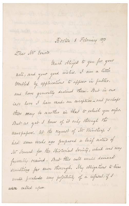 Lot 128 Charles F. Adams: Charles Adams discusses the possible fallout of the Alabama claims: ?It seems to me that Great Britain stands a chance of establishing its ground of objection?