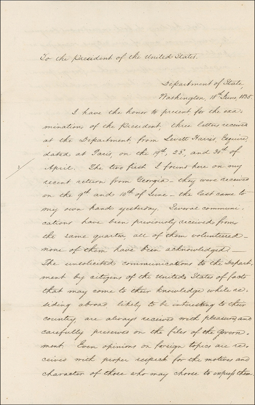 Lot 56 Andrew Jackson: Jackson hears of civilian?s ?improper and dangerous? communications with foreign governments