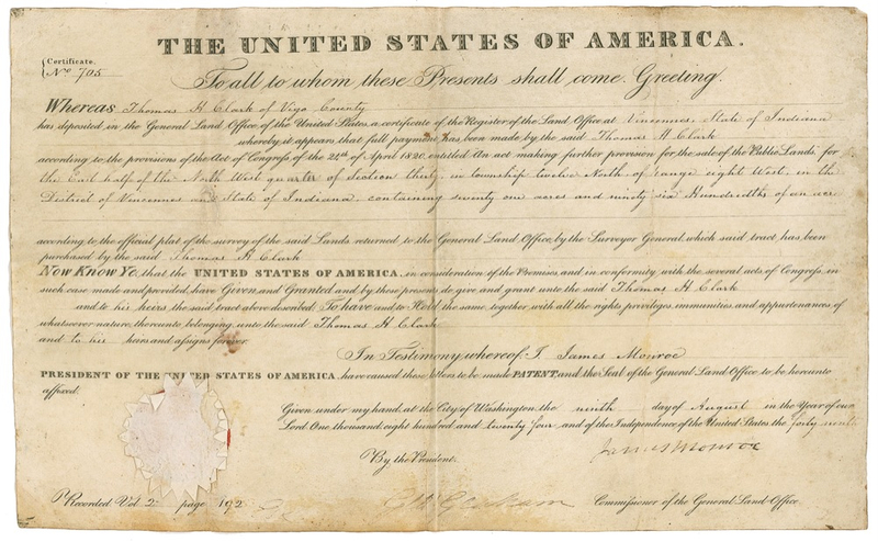 Lot 79 James Monroe: Land grant issued to the Sheriff of Vigo County, Indiana
