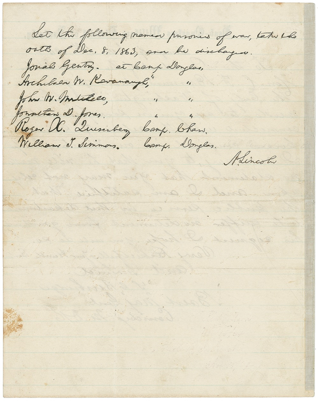 Lot 68 Abraham Lincoln: Lincoln releases several Southern prisoners, freeing two of them from “Eighty Acres of Hell”