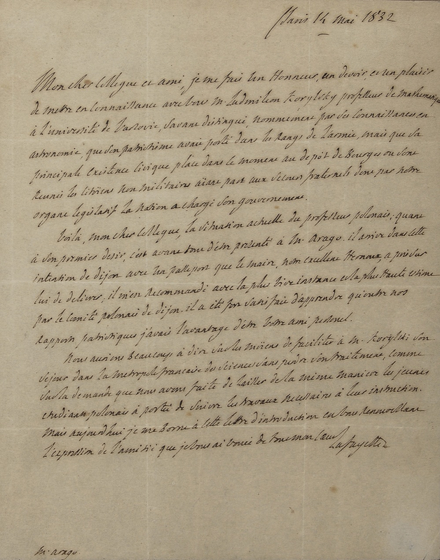 Lot 374 Marquis de Lafayette: Lafayette praises “a professor of mathematics…renowned for his knowledge of astronomy”