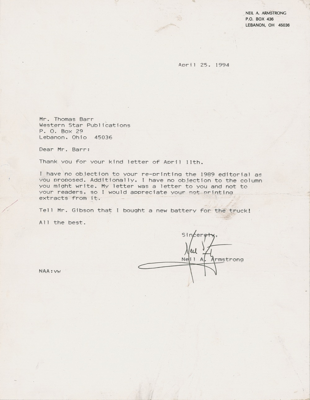 Lot 442 Neil Armstrong: The ever-private Armstrong: “My letter was a letter to you and not to your readers”