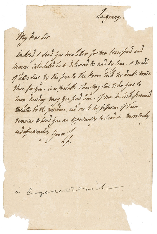 Lot 375 Marquis de Lafayette: Mentioning his longtime ally, “Mr. Jefferson”