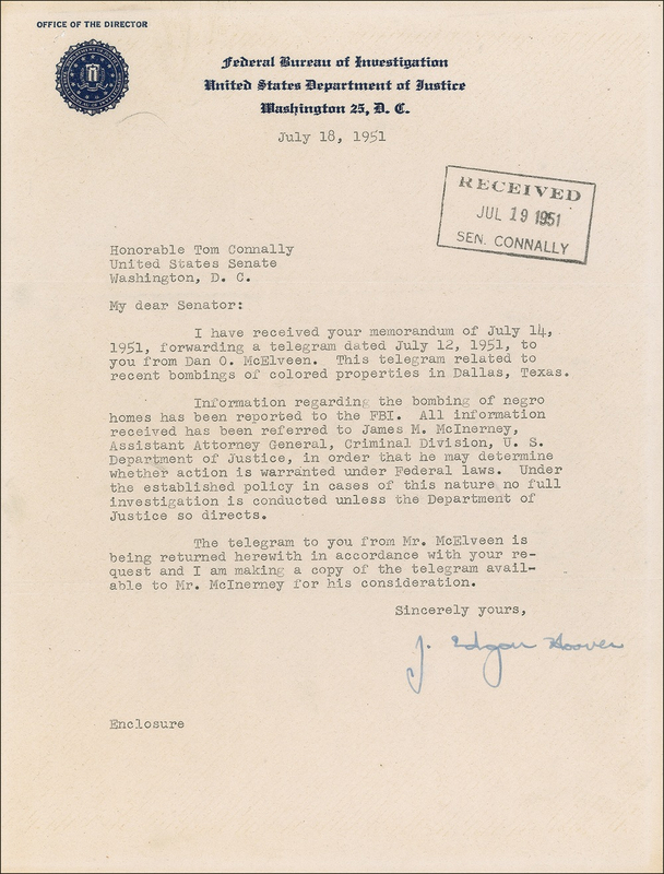 Lot 239 J. Edgar Hoover: “Information regarding the bombing of Negro homes has been reported to the FBI”