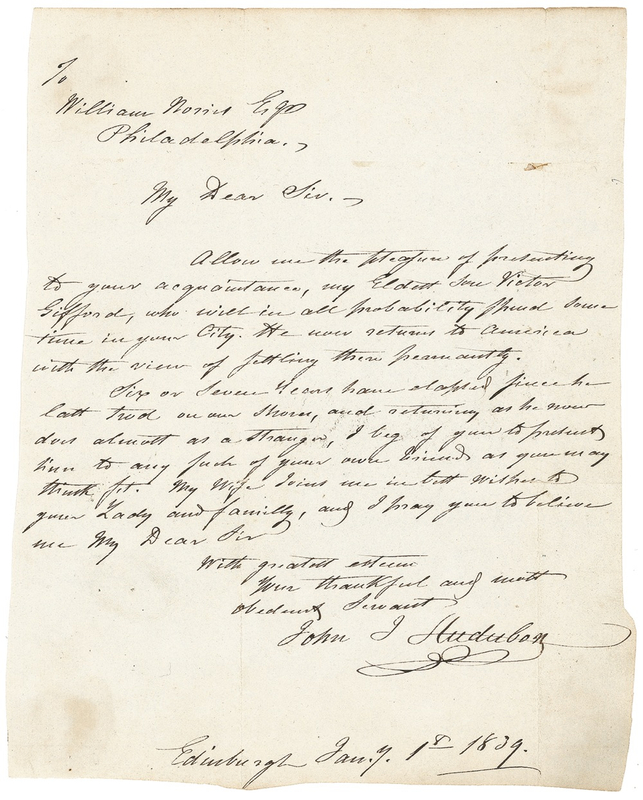 Lot 522 John J. Audubon: “Six or seven years have elapsed since [my son] last trod on our shores, and returning as He now does almost as a stranger”