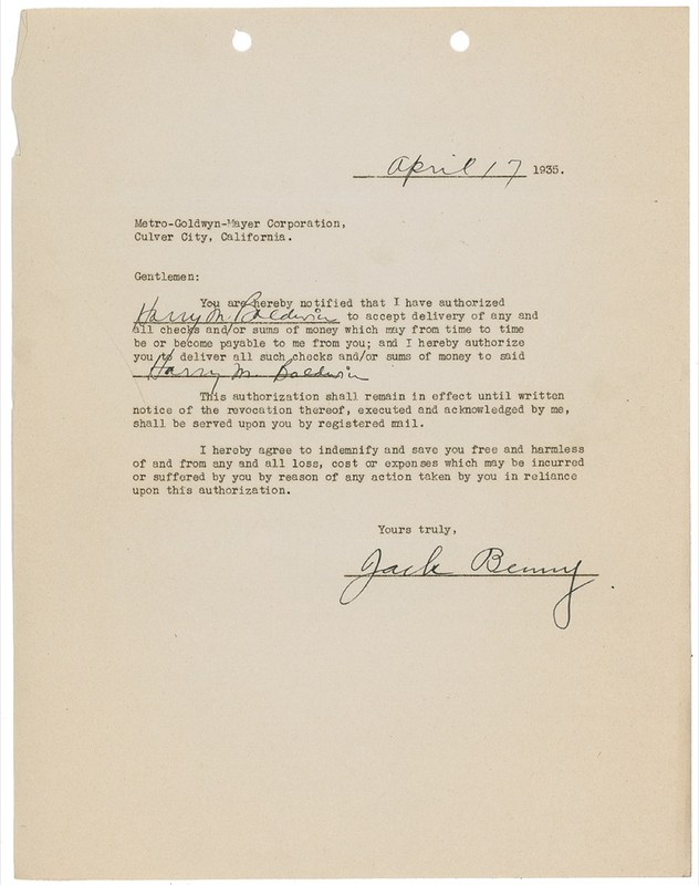 Lot 832 Jack Benny Signed Document