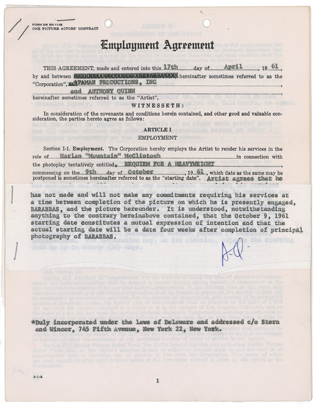 Lot 994 Anthony Quinn Signed Document