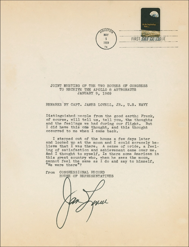 Lot 490 James Lovell: ?I stepped out of the house a few days later and looked up at the moon and I could scracely [sic] believe that I was there?