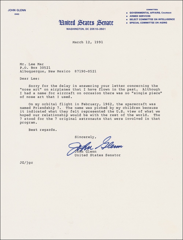 Lot 476 John Glenn: Glenn reveals the origin of Friendship 7