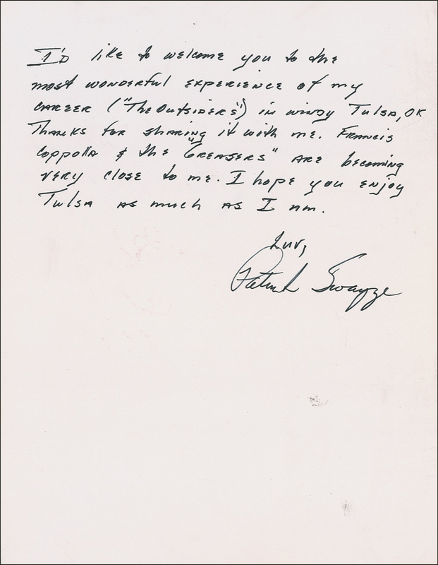 Lot 1036 Patrick Swayze: Swayze writes from the set of The Outsiders: “Francis Coppolla & ‘The Greasers’ are becoming very close to me”