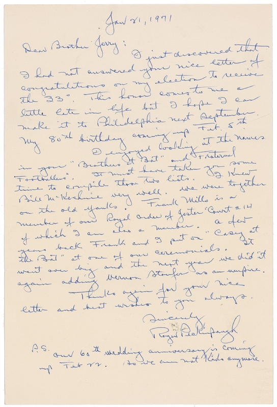 Lot 1211 Roger Peckinpaugh: Peckinpaugh reminisces about the old days: ?I knew Bill McKechnie very well. We were together on the old Yanks.?
