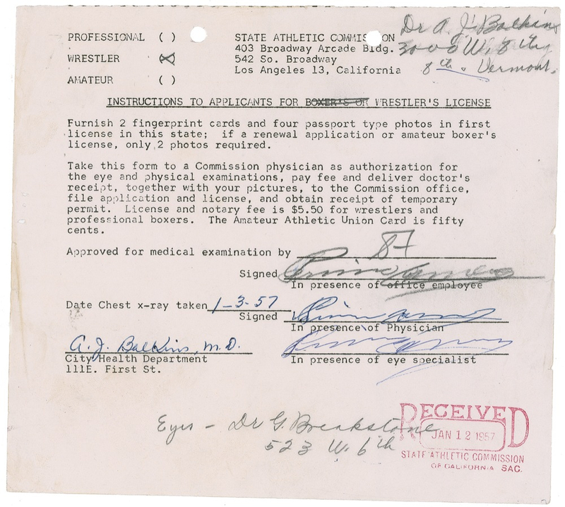 Lot 1125 Primo Carnera: Carnera?s wrestling application from the year he won the championship