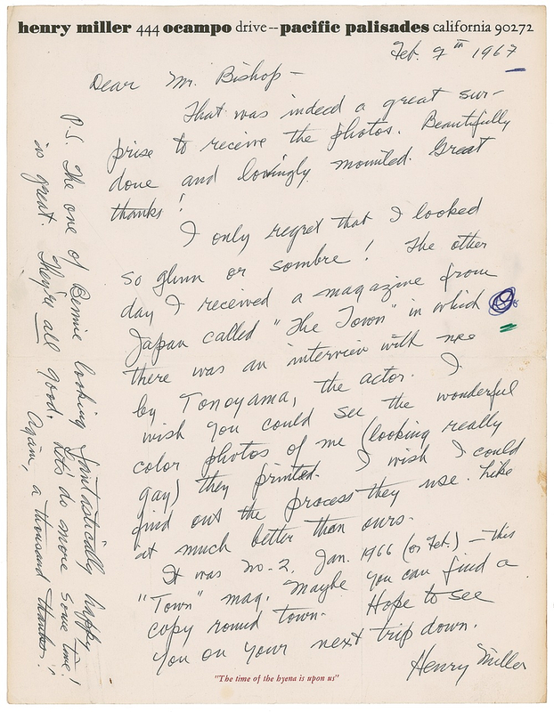 Lot 602 Henry Miller: ?I wish you could see the wonderful color photos of me (looking really gay) they printed?