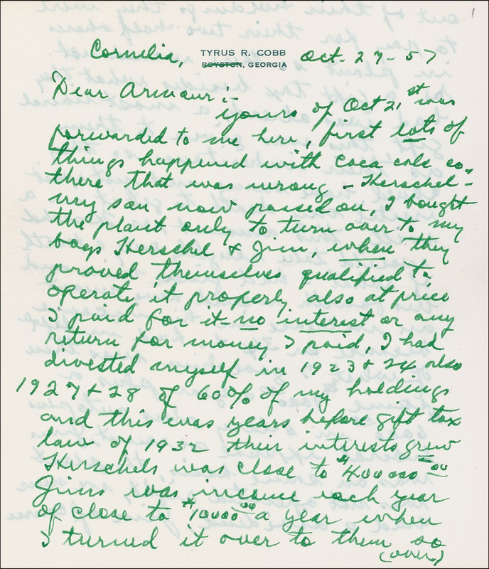 Lot 1130 Ty Cobb: The Georgia Peach discusses, in great detail, his shrewd investments in Coca-Cola