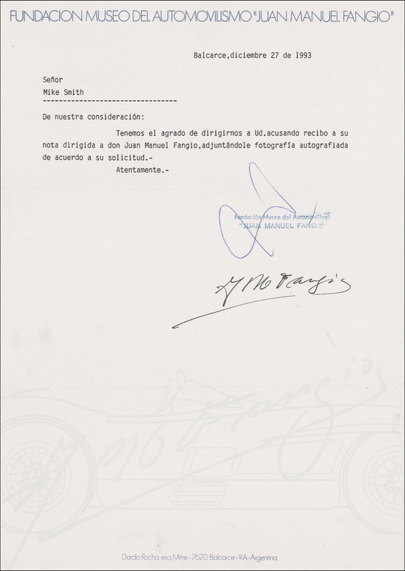 Lot 1139 Juan Manuel Fangio Typed Letter Signed