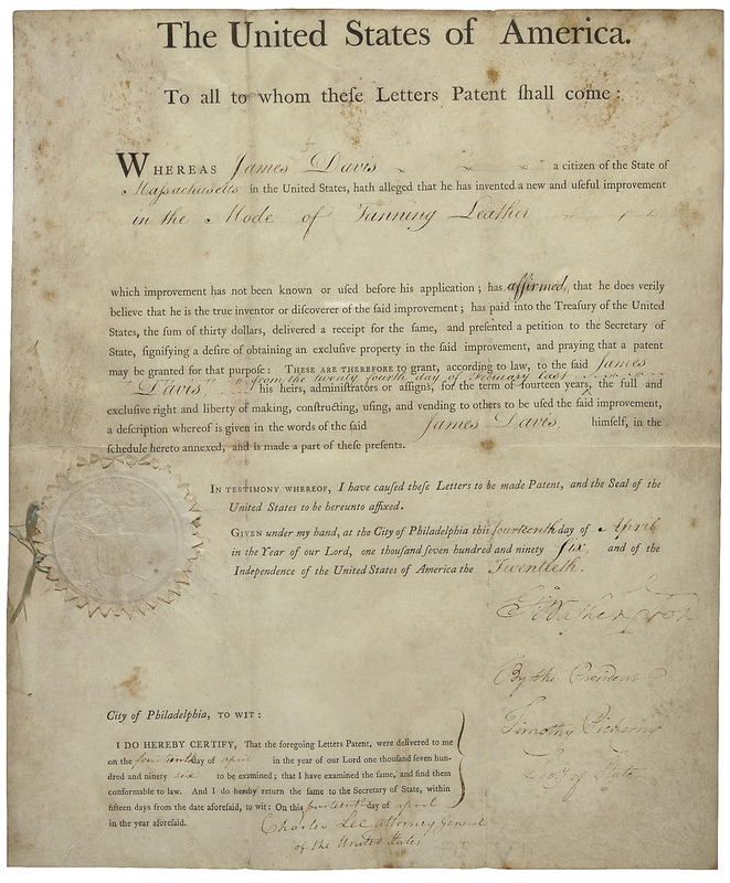Lot 127 George Washington: Seldom-seen patent to improve ?the mode of tanning leather?