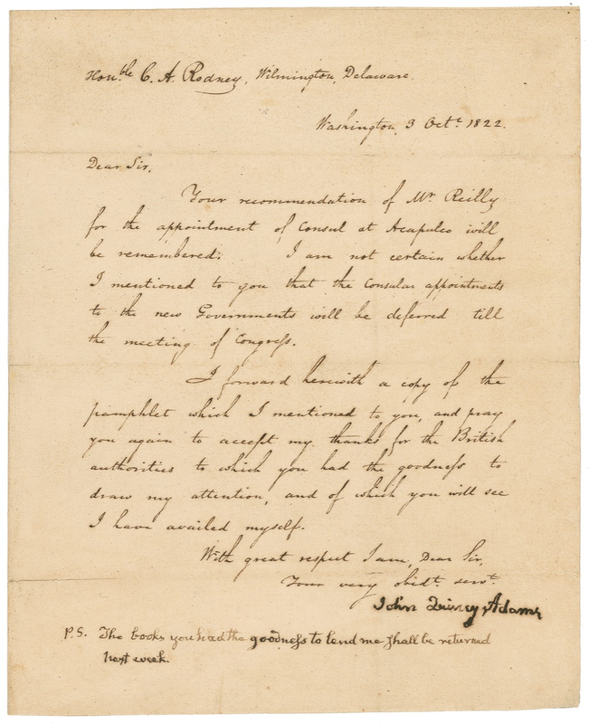 Lot 2 John Quincy Adams: Adams considers an appointee for Consul at Acapulco