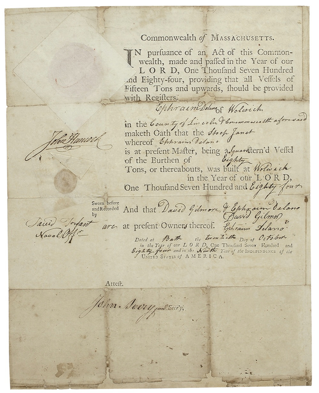 Lot 231 John Hancock: Governor Hancock signs a ship’s registry for a forefather of President Roosevelt