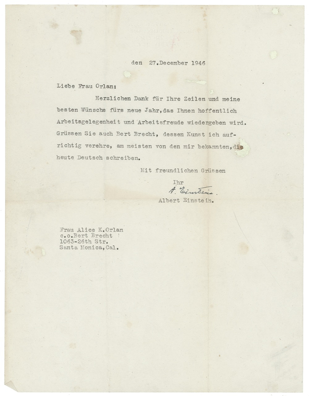 Lot 200 Albert Einstein: Admiration for soon-to-be blacklisted playwright Bert Brecht
