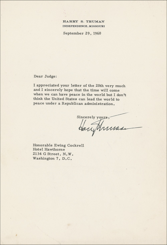 Lot 119 Harry S. Truman: Truman takes a dig at Ike: ?I don?t think the United States can lead the world to peace under a Republican administration?