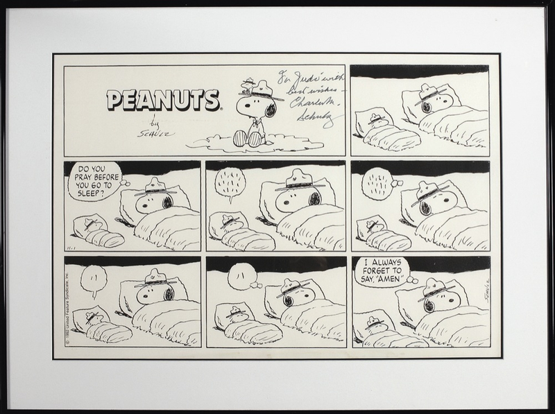 Lot 682 Charles Schulz: Schulz signs a Sunday Peanuts proof