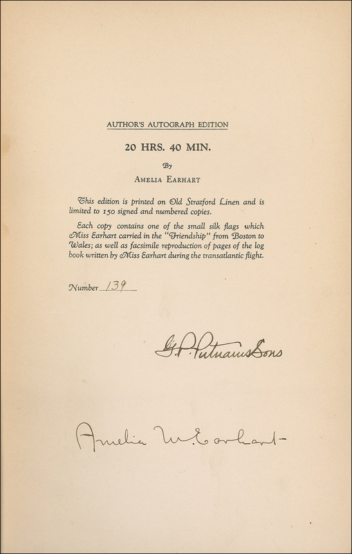 Lot 472 Amelia Earhart: Scarce signed book from the famed aviatrix, complete with flown flag from her history-making transatlantic flight