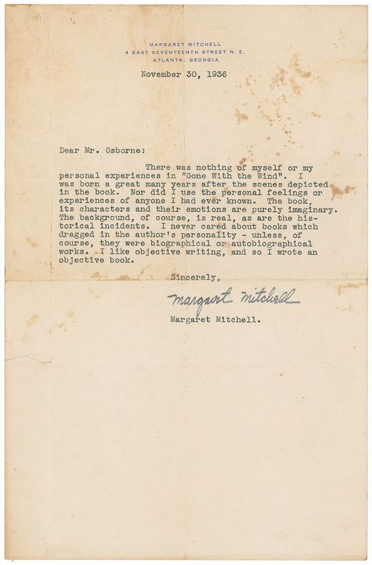 Lot 605 Margaret Mitchell: A literary lie? ?There was nothing of myself or my personal experiences in ?Gone With the Wind??