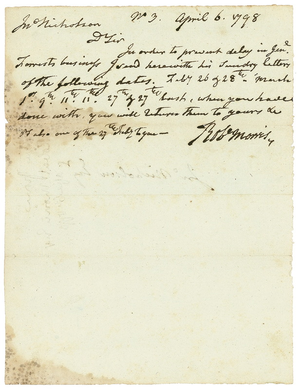 Lot 180 Declaration of Independence: Robert Morris: Morris writes from debtor’s prison to the man who put him there