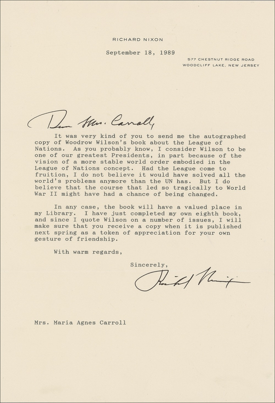 Lot 84 Richard Nixon: ?I consider Wilson to be one of our greatest Presidents, in part because of the vision of a more stable world order embodied in the League of Nations?
