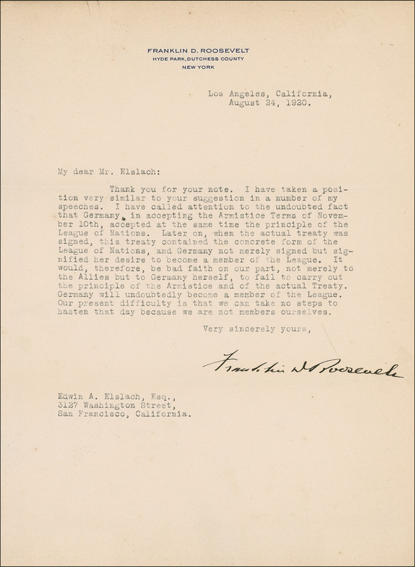Lot 100 Franklin D. Roosevelt: Foreshadowing Germany’s march to Nazism, FDR calls out the United States for not joining the League of Nations