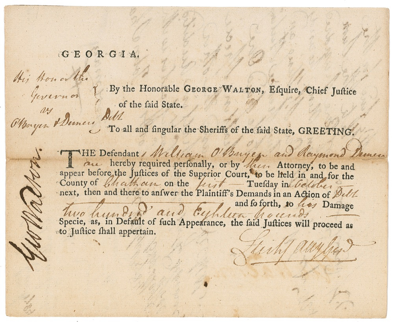 Lot 184 Declaration of Independence: George Walton: Signer Walton brings an “Action of Debt” against two Georgia residents