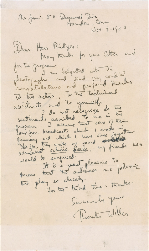 Lot 654 Thornton Wilder Handwritten Letter Signed