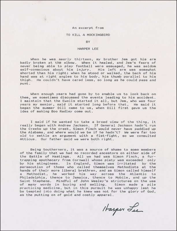 Lot 591 Harper Lee: Reclusive author signs an excerpt from her classic work