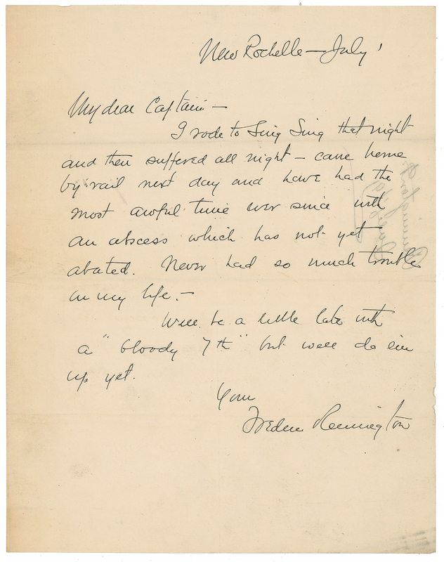 Lot 624 Frederic Remington: After too much food and drink, Remington gripes ?I rode to Sing Sing that night and there suffered all night.? Accompanied by an engraver?s proof of Remington?s ?Shot?