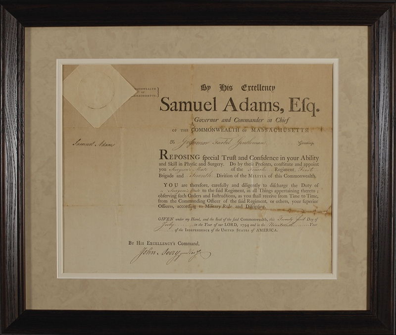 Lot 129 Samuel Adams: Adams appoints a surgeon in the days leading up to the Whiskey Rebellion