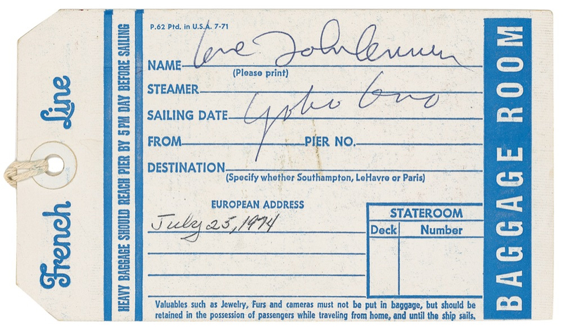 Lot 784 John Lennon and Yoko Ono: Ship?s baggage ticket signed by both