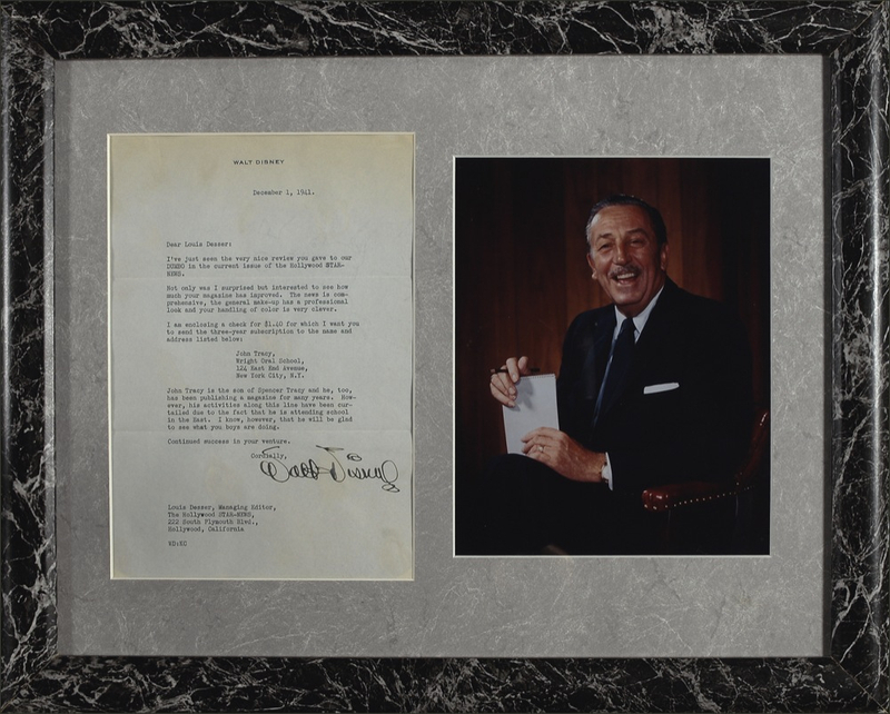 Lot 663 Walt Disney: Upon receiving a good review of Dumbo, Walt arranges a magazine subscription for Spencer Tracy?s son