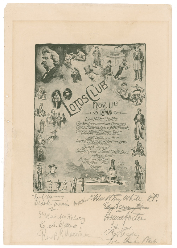 Lot 547 Samuel L. Clemens: Twain signs the cover of a banquet menu at which he was the “well deserved” guest of honor