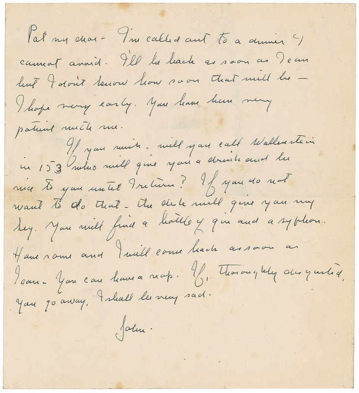 Lot 640 John Steinbeck: Steinbeck makes his editor feel at home: ?The clerk will give you my key. You will find a bottle of gin and a syphon. Have some?