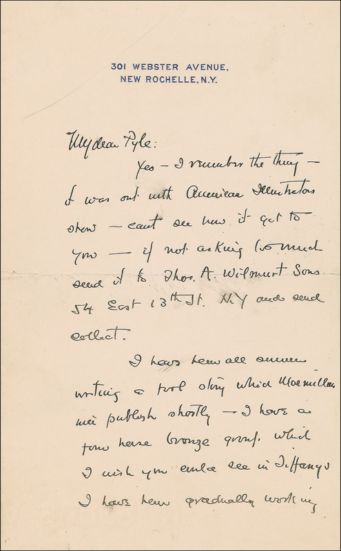 Lot 625 Frederic Remington: Alluding to ?a four horse bronze group,? Remington confesses to Howard Pyle that he is ?gradually working out of illustration and trying to paint more?I find it more engaging?