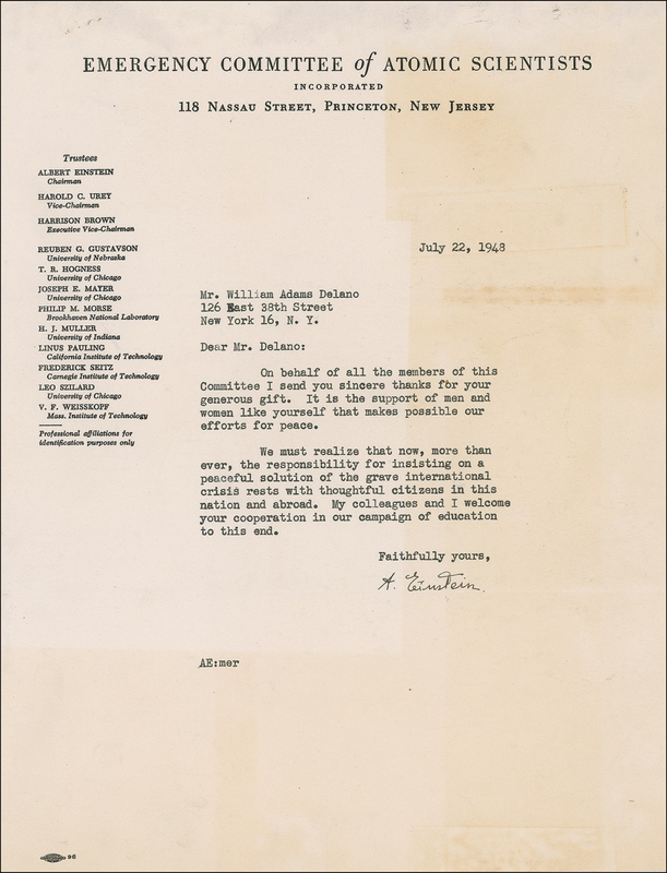 Lot 201 Albert Einstein: On behalf of concerned atomic scientists, Einstein realizes “that now, more than ever, the responsibility for insisting on a peaceful solution of the grave international crisis rests with thoughtful citizens”