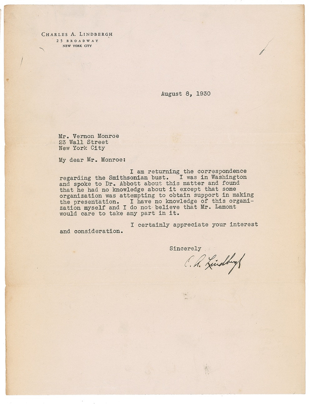Lot 489 Charles Lindbergh: Lindbergh dismisses the presentation of a bust for the Smithsonian, who ?had no knowledge about it?