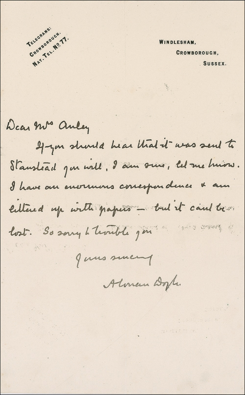 Lot 563 Arthur Conan Doyle: While ?littered up with papers? Doyle searches for missing correspondence