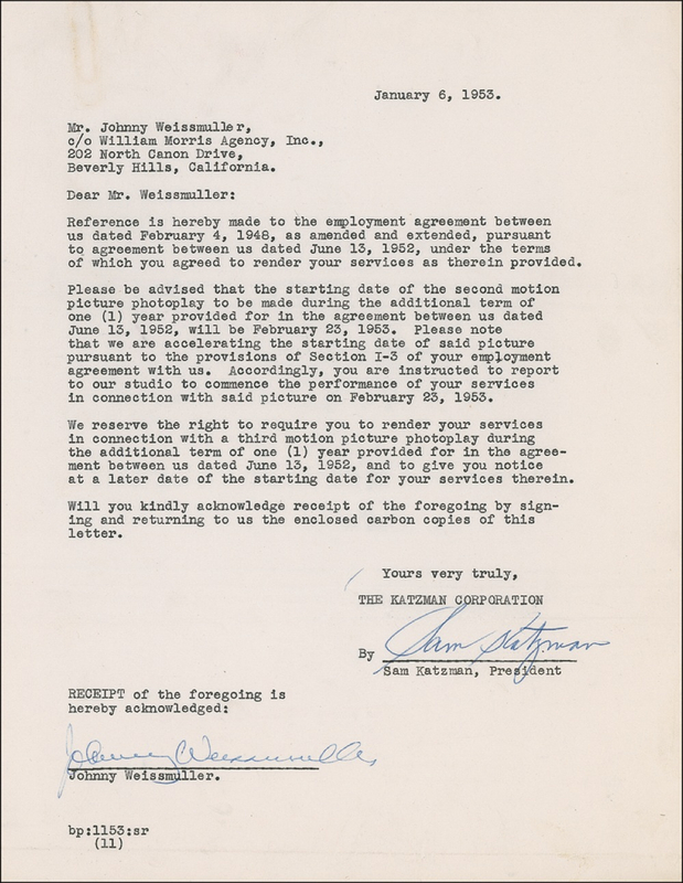 Lot 1056 Johnny Weissmuller Signed Document