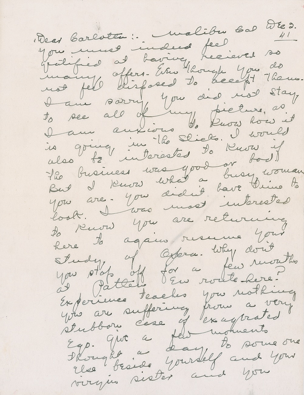 Lot 883 W. C. Fields: Fields pulls no punches with his mistress: “You are suffering from a very stubborn case of exaggerated ego. Give a few moments thought a day to someone else beside yourself and your virgin sister”