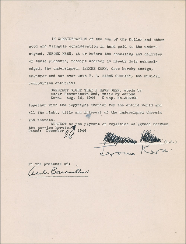 Lot 702 Jerome Kern: Kern sells the rights to one of his songs for a one dollar bill