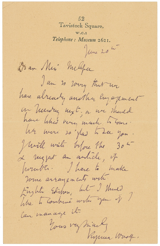 Lot 655 Virginia Woolf: Woolf pledges to send a story idea to The Yale Review