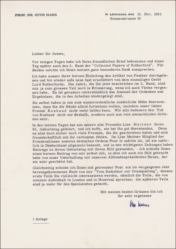 Lot 229 Otto Hahn: One Nobel Prize winner discusses another